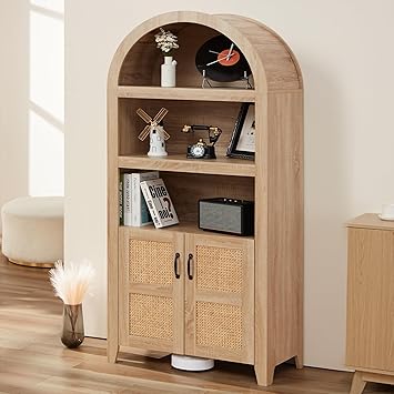HABUTWAY Beech and Rattan Adjustable Bookshelf